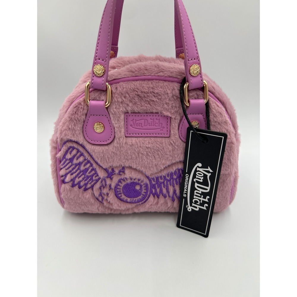 Von Dutch Pink Faux Fur Mini Bowling Bag Purple Flying Eyeball NWT Y2K Style
